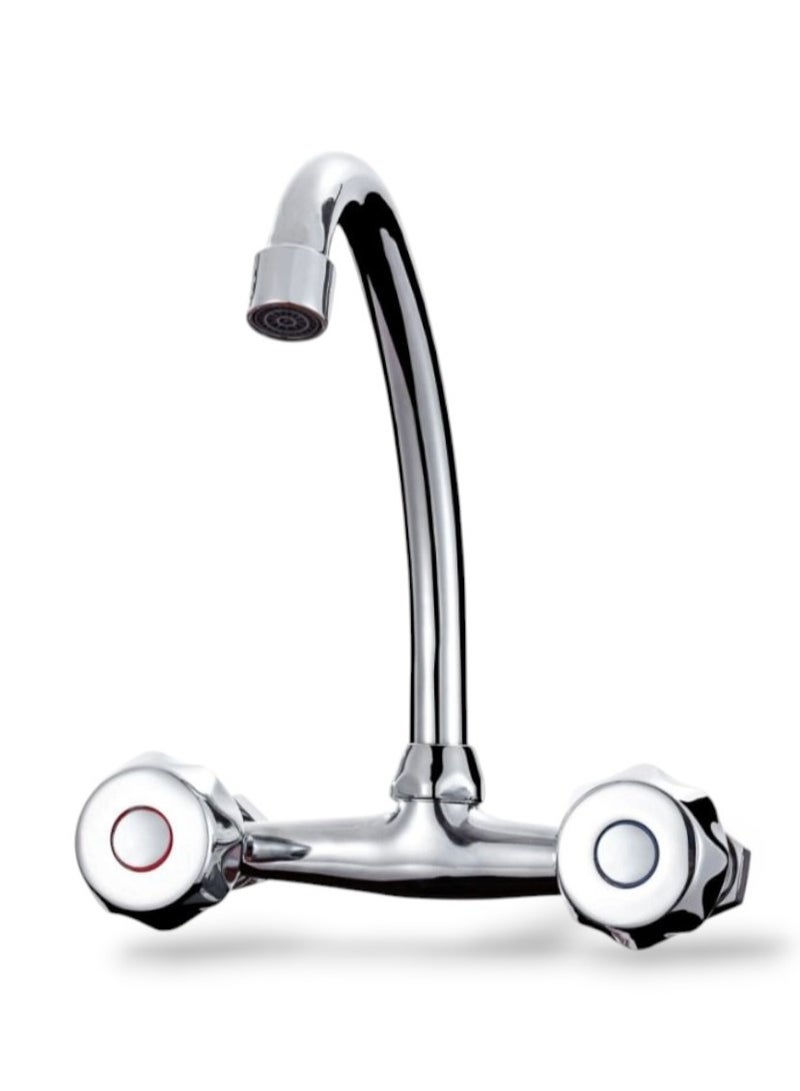Wall-Mounted Kitchen Faucet with Dual Hot and Cold Water Handles, Polished Chrome Finish