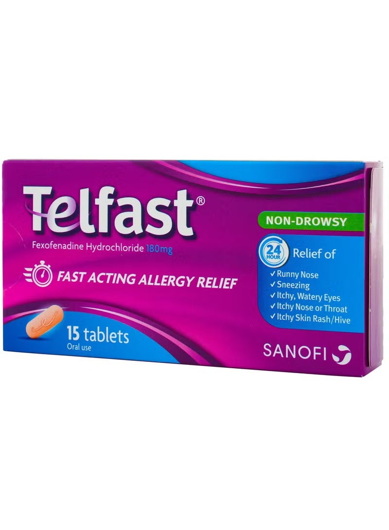 تلفاست أقراص مضادة للحساسية غير مسبب للنعاس مع فيكسوفينادين هيدروكلورايد 180 مجم، 15 قرص، مفعول حتى 24 ساعة - Image 1