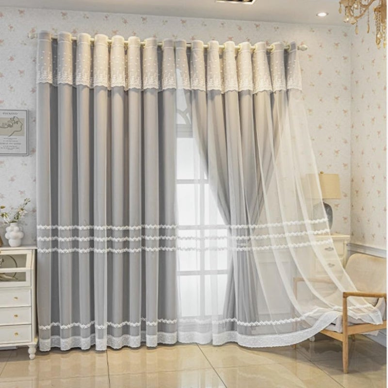Amidoudou 1 Pair Double Layer Striped Curtains for Girls Room Living Room Embroidered Curtains with Valance for Bedroom (Grey,54x90 Inch) - Image 2