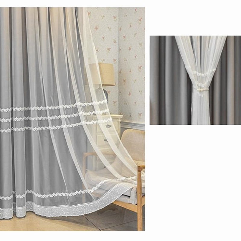 Amidoudou 1 Pair Double Layer Striped Curtains for Girls Room Living Room Embroidered Curtains with Valance for Bedroom (Grey,54x90 Inch) - Image 3