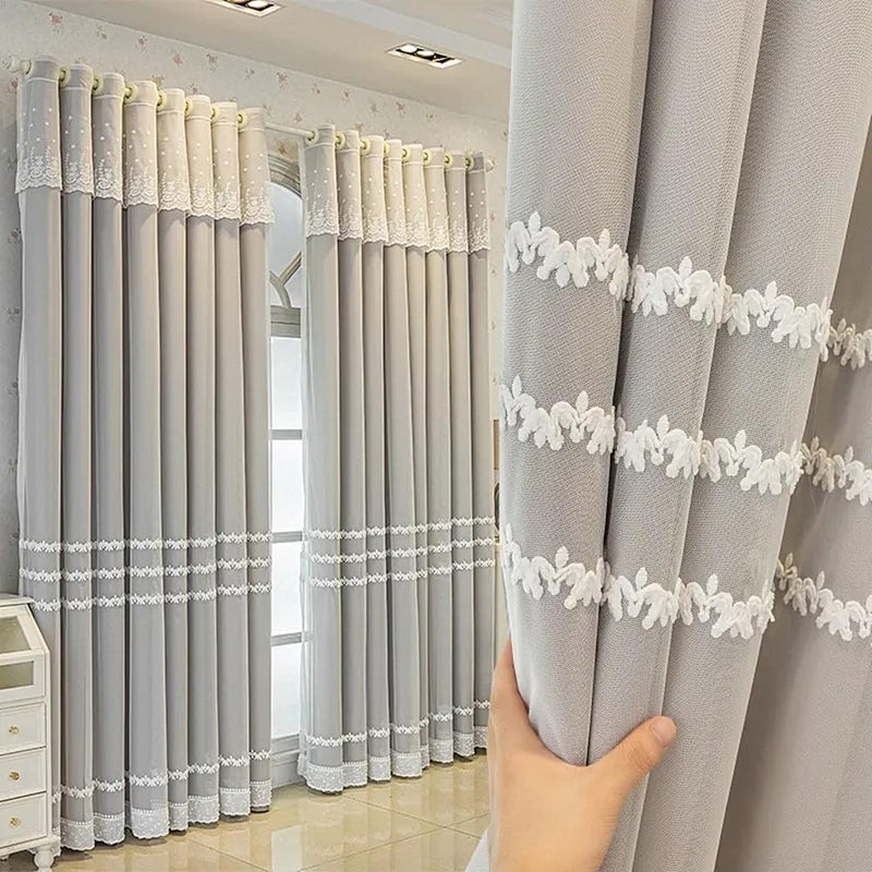 Amidoudou 1 Pair Double Layer Striped Curtains for Girls Room Living Room Embroidered Curtains with Valance for Bedroom (Grey,54x90 Inch) - Image 1