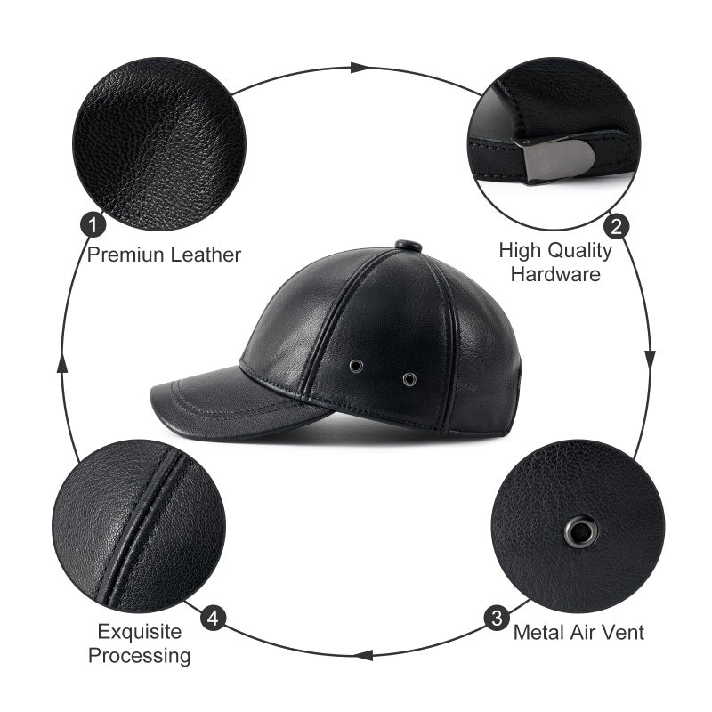 FEINION Men's Leather Hat Adjustable Genuine Leather Baseball Cap (Black) - Image 2