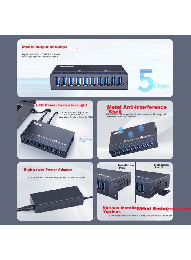 Sipolar Usb 3.0 Hub 10 Port High Speed Industrial Splitter A-103 (3M) Hub Expansion Dock Computer Converter One Drag Multiple Single Port 1A With Power Charging - Image 5