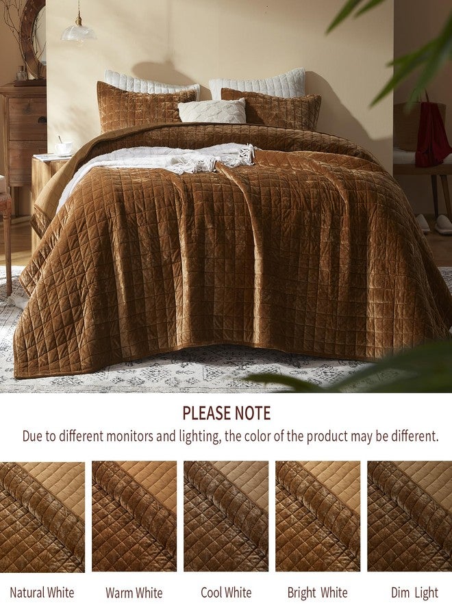 LEAONME Velvet Quilt King Size-98''x106'', Lightweight Caramel Velvet Comforter Set with 2 Pillow Shams, Soft Bedspread Coverlet Quilted Bedding Set for All Season - Image 4
