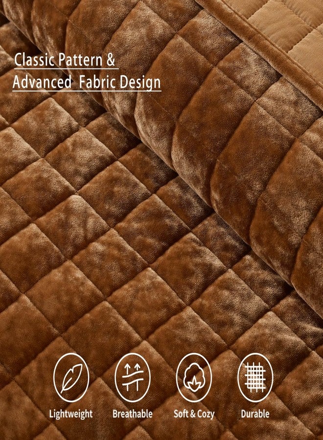 LEAONME Velvet Quilt King Size-98''x106'', Lightweight Caramel Velvet Comforter Set with 2 Pillow Shams, Soft Bedspread Coverlet Quilted Bedding Set for All Season - Image 5