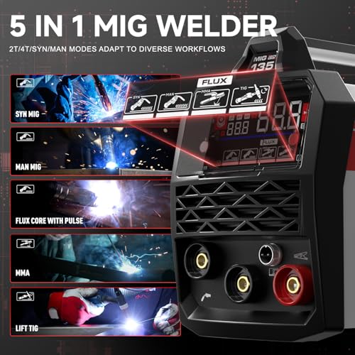 ANDELI 135A MIG Welder 110V/220V, 4-in-1 PULSE Flux Core MIG/Lift Tig/Stick Gasless MIG Welding Machine with Synergy，Large LED Display,2T/4T Full Kit (Bonus Welding Helmet & Gloves) - Image 4