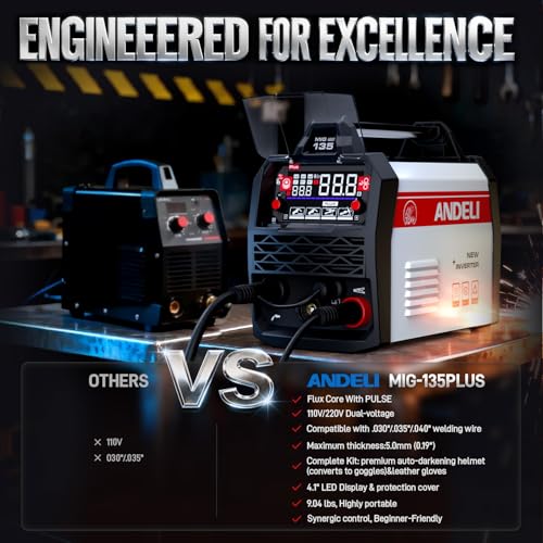 ANDELI 135A MIG Welder 110V/220V, 4-in-1 PULSE Flux Core MIG/Lift Tig/Stick Gasless MIG Welding Machine with Synergy，Large LED Display,2T/4T Full Kit (Bonus Welding Helmet & Gloves) - Image 3