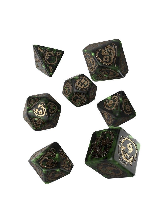 Q WORKSHOP Dragon Bottle Green & Gold RPG Ornamented Dice Set 7 Polyhedral Pieces - Image 1