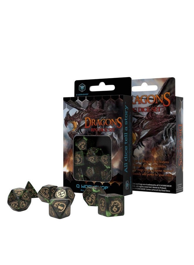 Q WORKSHOP Dragon Bottle Green & Gold RPG Ornamented Dice Set 7 Polyhedral Pieces - Image 2