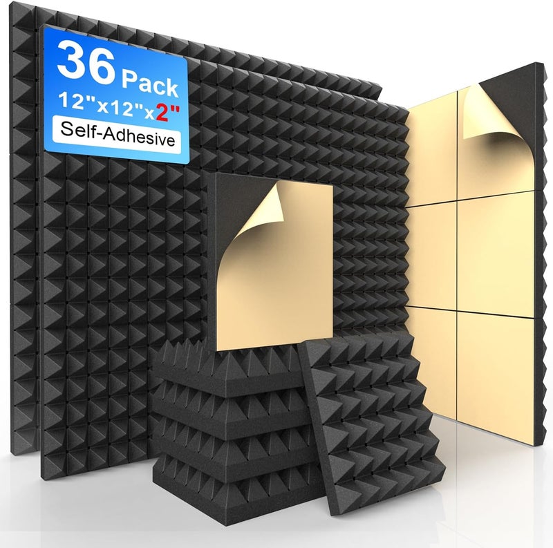 AUSLET 36 Pack Self Adhesive Acoustic Panels 30 x 30 x 5 cm Pyramid Sound Proof Foam Panel for Wall High Density Sound Absorbing Panels for Studio, Home Office, Gaming Room, Wall & Ceiling Use - Image 1