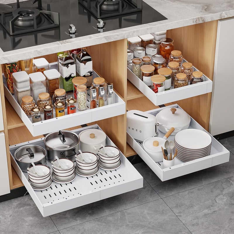 OneDream 4 Pack Pull Out Cabinet Organizer, 21" Deep Slide Out Drawers for Kitchen Cabinets, No Drill Adhesive Pull Out Drawers for Cabinets, Roll Out Shelves Adjustable Width 12.05"-20.4" - Image 1