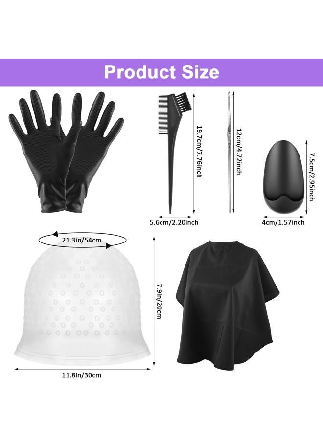 FRIUSATE Hair Coloring Highlighting Cap, 8 Pieces Hair Highlighting Kit, Silicone Highlight Cap Pull Through Caps Hair Coloring Frosting Cap with Hook, Cape, Brush, Gloves and Ear Covers for Women Men - Image 2