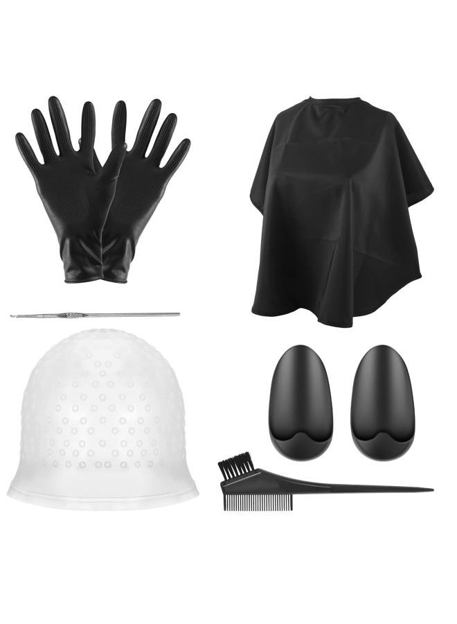 FRIUSATE Hair Coloring Highlighting Cap, 8 Pieces Hair Highlighting Kit, Silicone Highlight Cap Pull Through Caps Hair Coloring Frosting Cap with Hook, Cape, Brush, Gloves and Ear Covers for Women Men - Image 1