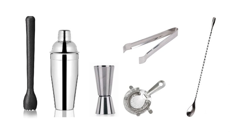 Dynore Stainless Steel 6 Pcs Bartender Martini Kit Bar Set - Teardrop Bar Spoon, Cocktail Shaker 500 ml, Tall peg Measure 30/60 ml, Black PVC Muddler, Ice Tong, Cocktail Strainer- Set of 6 - Image 1