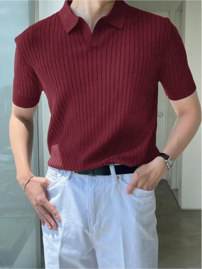 Cool Tarz Cool Style Claret Red Men's Ribbed Polo Neck Knit T-Shirt