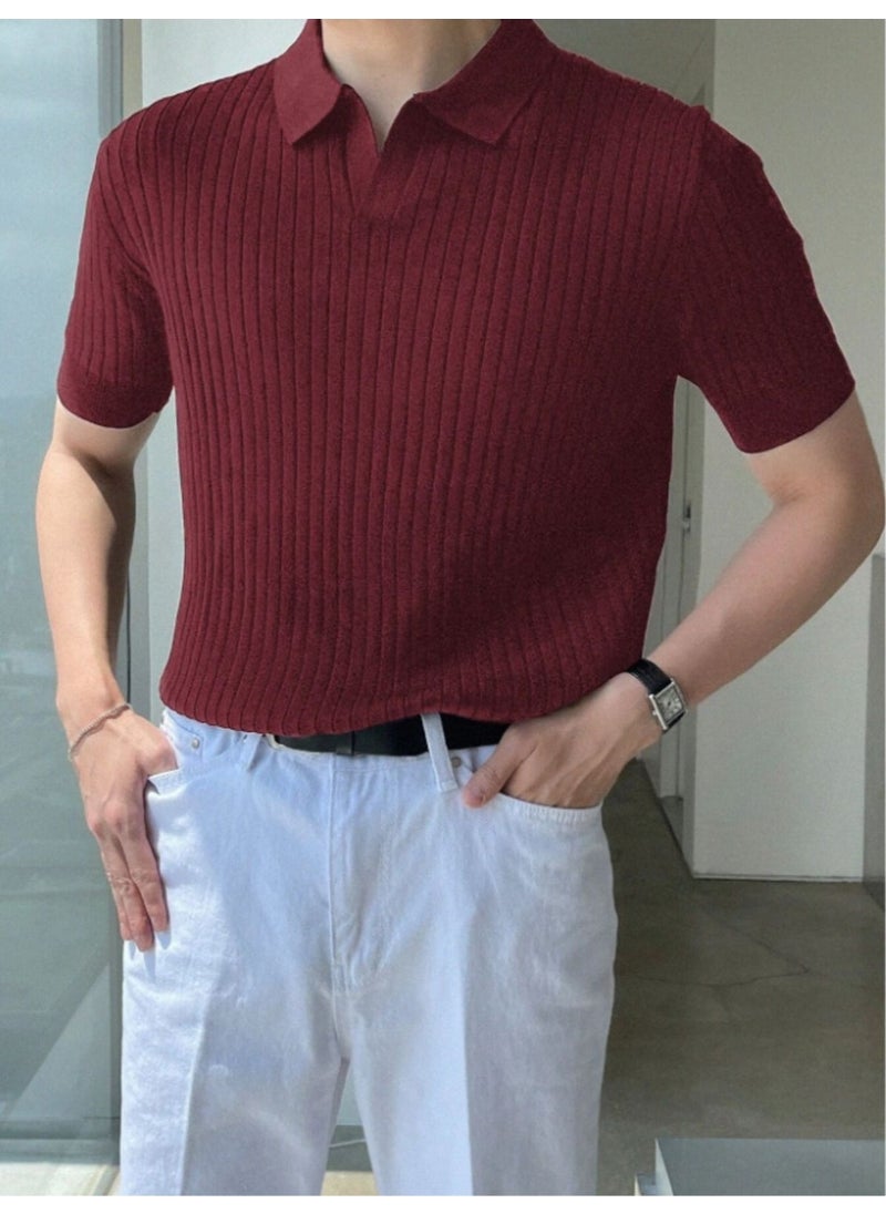 Cool Style Claret Red Men's Ribbed Polo Neck Knit T-Shirt - pzsku/ZDFDBD1C2662213DFD625Z/45/_/1731168669/50cef3ab-ba99-4bb4-b194-fcf32582f4e2