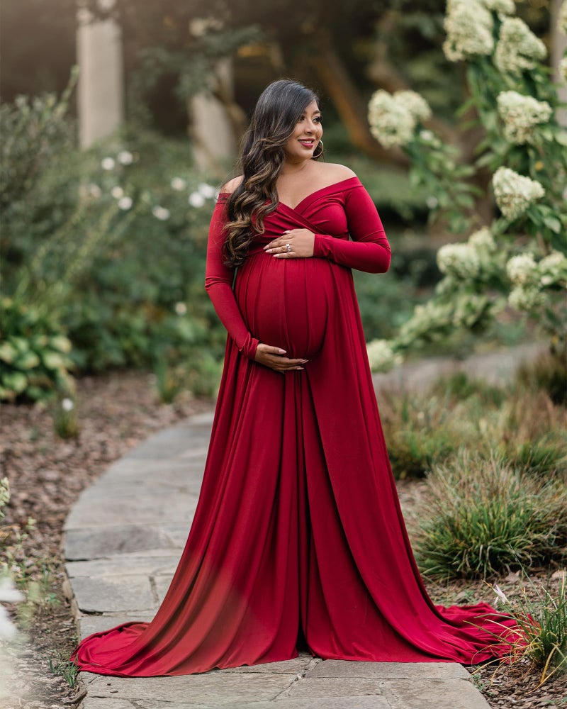Saslax Maternity Off Shoulders Long Sleeve Half Circle Gown for Baby Shower Photo Props Dress Burgundy 162 Small - Image 4