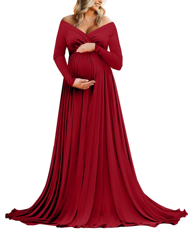 Saslax Maternity Off Shoulders Long Sleeve Half Circle Gown for Baby Shower Photo Props Dress Burgundy 162 Small - Image 1