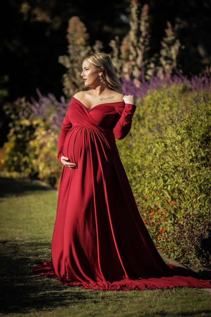 Saslax Maternity Off Shoulders Long Sleeve Half Circle Gown for Baby Shower Photo Props Dress Burgundy 162 Small - Image 3