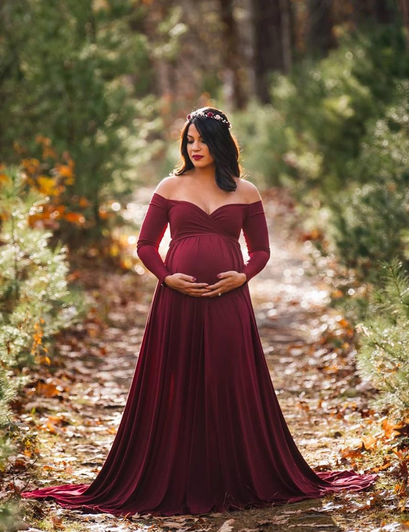 Saslax Maternity Off Shoulders Long Sleeve Half Circle Gown for Baby Shower Photo Props Dress Burgundy 162 Small - Image 2