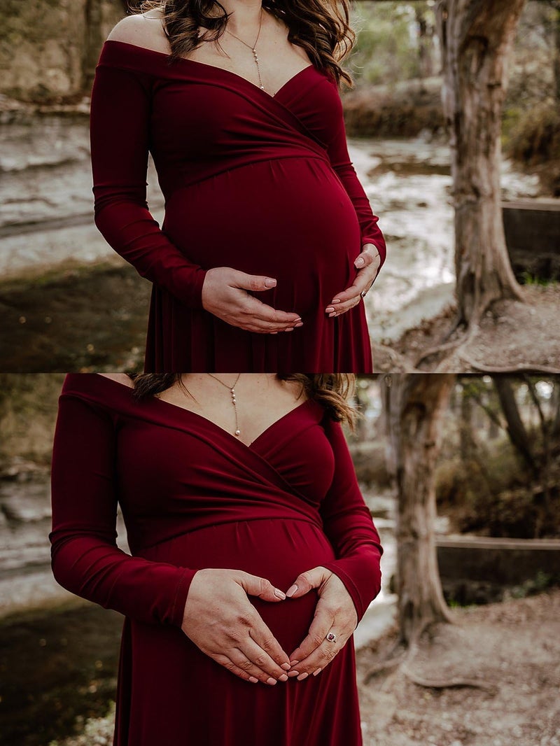 Saslax Maternity Off Shoulders Long Sleeve Half Circle Gown for Baby Shower Photo Props Dress Burgundy 162 Small - Image 5