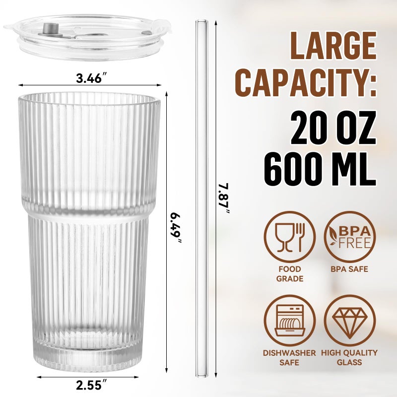 CWHHRN 20 oz Glass Cup with Lid and Straw, Glass Tumbler with Straw and Lid, Vintage Glassware for Whiskey Cocktail Beer, Iced Coffee Cups with Lid (3 PACK) - Image 3