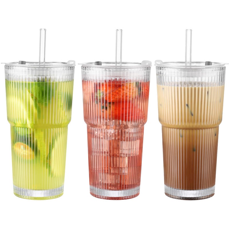 CWHHRN 20 oz Glass Cup with Lid and Straw, Glass Tumbler with Straw and Lid, Vintage Glassware for Whiskey Cocktail Beer, Iced Coffee Cups with Lid (3 PACK) - Image 1