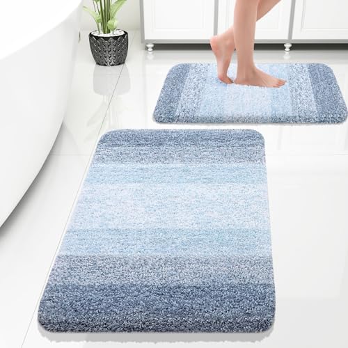 OLANLY Bathroom Rug Set 2 Piece, Soft Absorbent Microfiber Bath Rug Set, Non-Slip, Machine Wash Dry, Plush Shaggy Bath Mats for Bathroom (30"x20"+24"x16", Blue) - Image 1