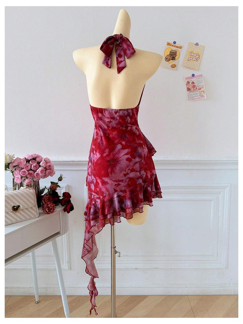 Verdusa Women's Summer Y2k Halter Mini Dress Mesh Backless Floral Ruffle Wedding Guest Dresses Red Medium - Image 3