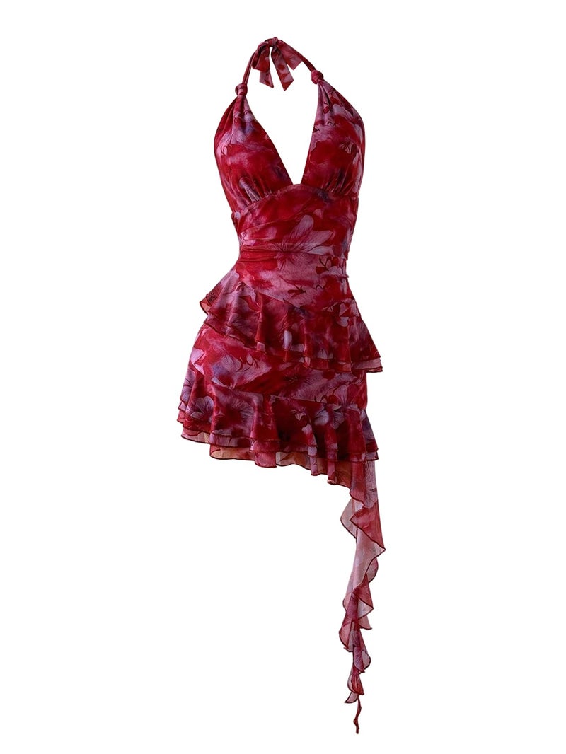 Verdusa Women's Summer Y2k Halter Mini Dress Mesh Backless Floral Ruffle Wedding Guest Dresses Red Medium - Image 1