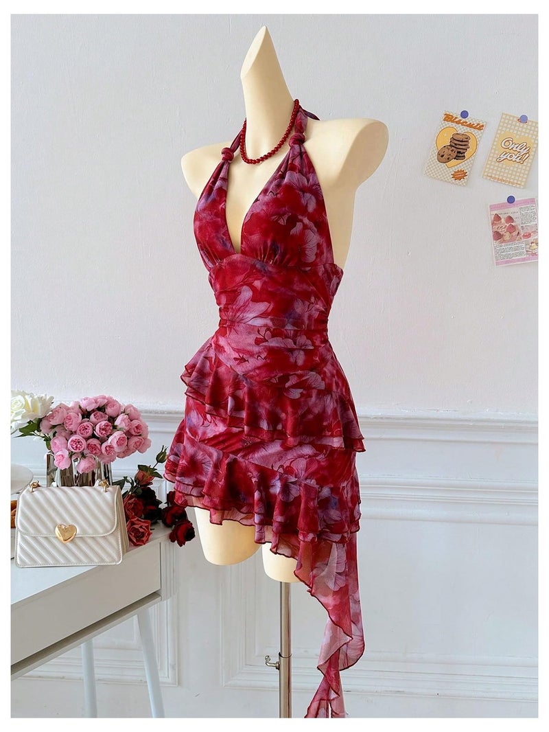 Verdusa Women's Summer Y2k Halter Mini Dress Mesh Backless Floral Ruffle Wedding Guest Dresses Red Medium - Image 2