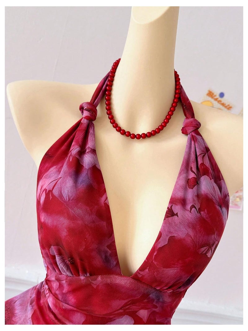 Verdusa Women's Summer Y2k Halter Mini Dress Mesh Backless Floral Ruffle Wedding Guest Dresses Red Medium - Image 4