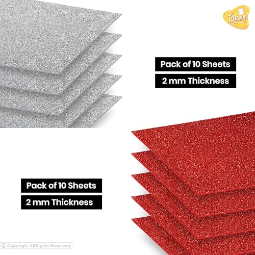 Lakeer Combo Pack A4 Silver Glitter Eva Foam Pack of 10 Sheets + A4 Red Glitter Eva Foam Pack of 10 Sheets 2 mm Scrapbooking, Craft Projects, Decorations, Multicolour - Image 3