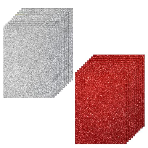Lakeer Combo Pack A4 Silver Glitter Eva Foam Pack of 10 Sheets + A4 Red Glitter Eva Foam Pack of 10 Sheets 2 mm Scrapbooking, Craft Projects, Decorations, Multicolour - Image 1