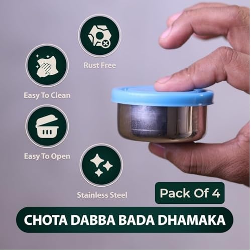 sunlife - Stainless Steel Chutney Dabba Set - Durable Food-Grade Plastic Lids, Perfect Small Size Containers for Chutney, Salad, Dips & Pickle (Style-71 (50ml Each), Pack Of 4) - Image 4