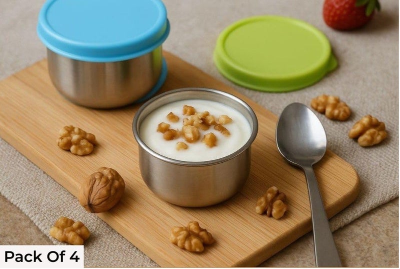 sunlife - Stainless Steel Chutney Dabba Set - Durable Food-Grade Plastic Lids, Perfect Small Size Containers for Chutney, Salad, Dips & Pickle (Style-71 (50ml Each), Pack Of 4) - Image 5