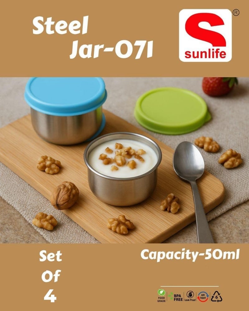 sunlife - Stainless Steel Chutney Dabba Set - Durable Food-Grade Plastic Lids, Perfect Small Size Containers for Chutney, Salad, Dips & Pickle (Style-71 (50ml Each), Pack Of 4) - Image 2