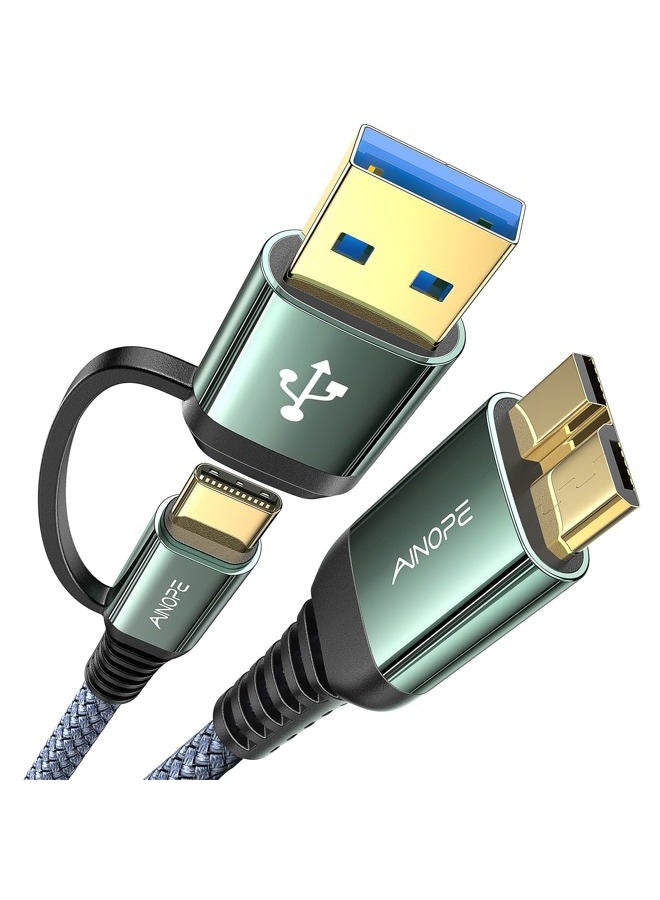 Ainope كابل القرص الصلب، كابل خارجي متين من النايلون المضفر بسرعة 10Gbps من Micro B إلى USB A/C متوافق مع Seagate WD Toshiba Westgate، MacBook Air M2 Pro، الكاميرا، 3.3FT/1m - Image 1