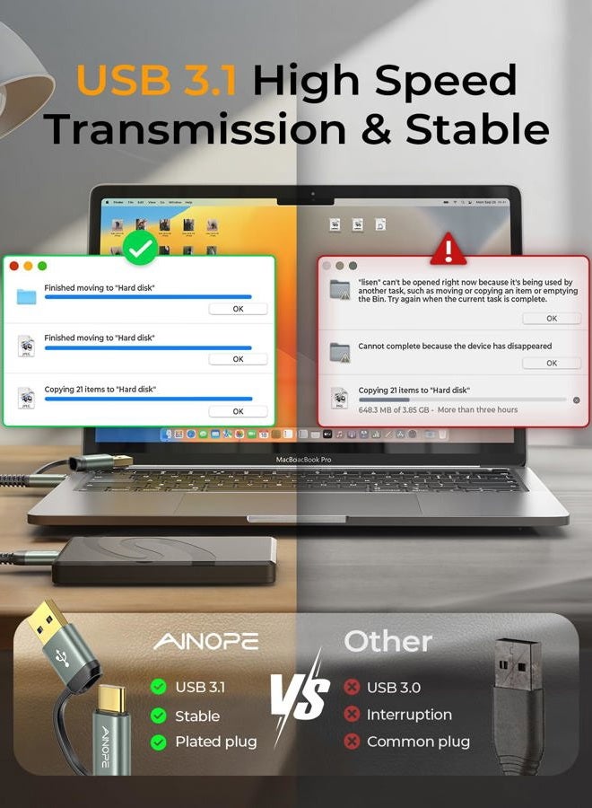 Ainope كابل القرص الصلب، كابل خارجي متين من النايلون المضفر بسرعة 10Gbps من Micro B إلى USB A/C متوافق مع Seagate WD Toshiba Westgate، MacBook Air M2 Pro، الكاميرا، 3.3FT/1m - Image 2