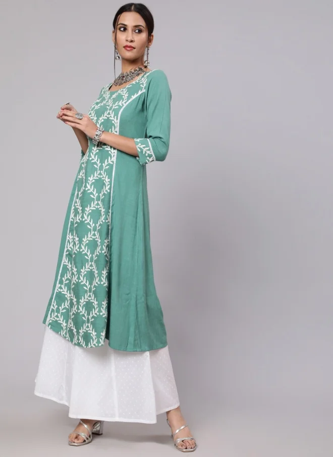 أيه كيه إس كرتا نسائي أخضر بنقوش عرقية