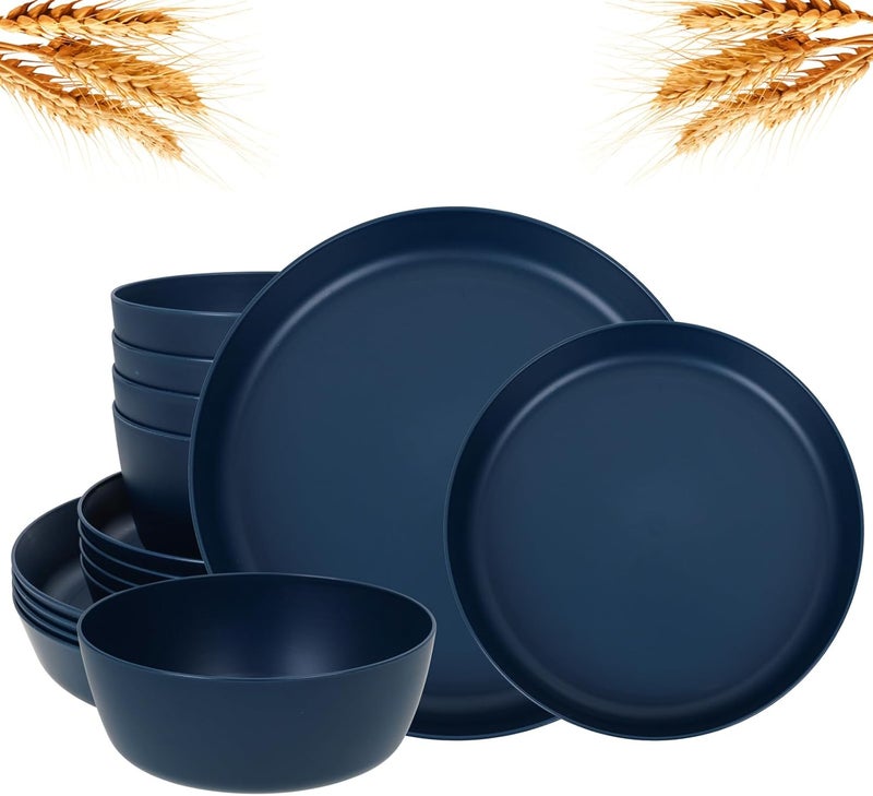ejonirinjonir EI 12pcs Dark Blue Wheat Straw Dinnerware SetWheat Straw PlatesPlastic Plates ReusablePlate and Bowls SetsUnbreakable Plastic Plate for Dinner CampingPicnic - Image 1