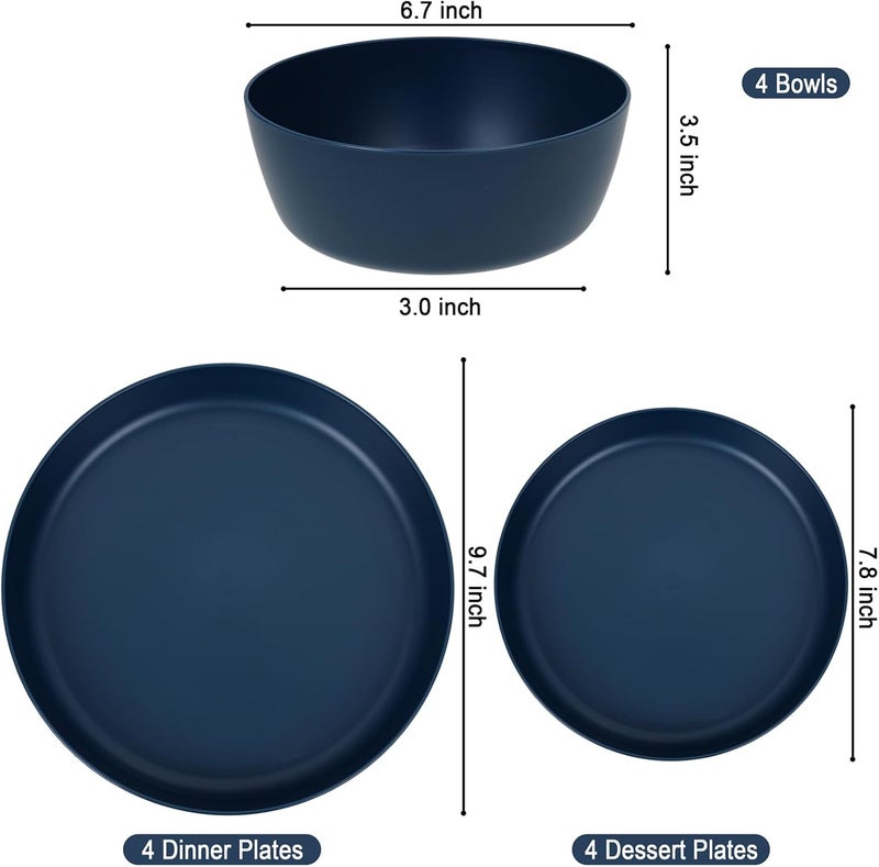 ejonirinjonir EI 12pcs Dark Blue Wheat Straw Dinnerware SetWheat Straw PlatesPlastic Plates ReusablePlate and Bowls SetsUnbreakable Plastic Plate for Dinner CampingPicnic - Image 2