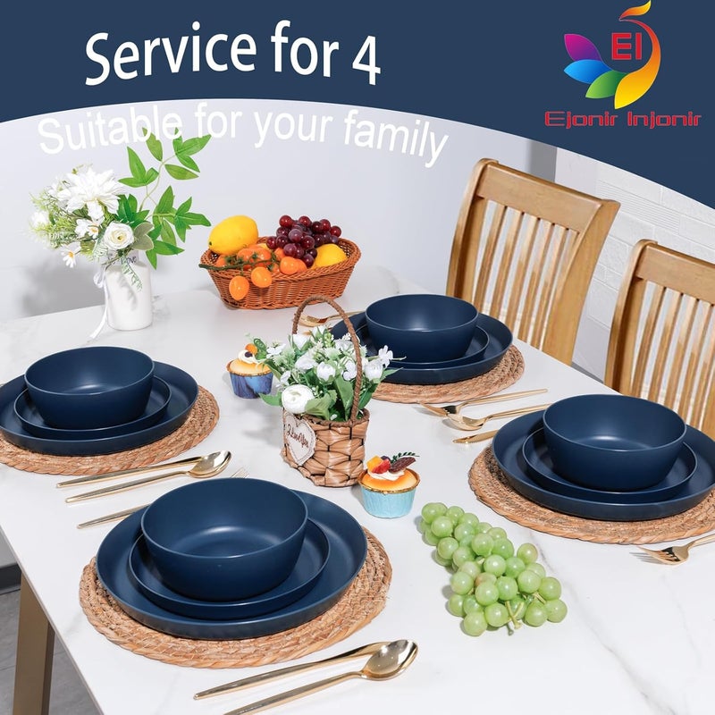 ejonirinjonir EI 12pcs Dark Blue Wheat Straw Dinnerware SetWheat Straw PlatesPlastic Plates ReusablePlate and Bowls SetsUnbreakable Plastic Plate for Dinner CampingPicnic - Image 5