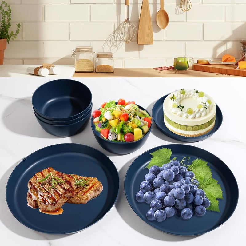 ejonirinjonir EI 12pcs Dark Blue Wheat Straw Dinnerware SetWheat Straw PlatesPlastic Plates ReusablePlate and Bowls SetsUnbreakable Plastic Plate for Dinner CampingPicnic - Image 3