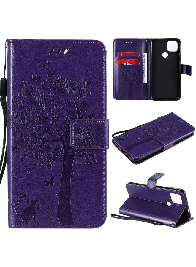 Zaboon Case For Google Pixel 4a 5G / Pixel 5 XL Tree & Cat Embossed Pattern Horizontal Flip Leather Case with Holder & Card Slots & Wallet & Lanyard - Image 1