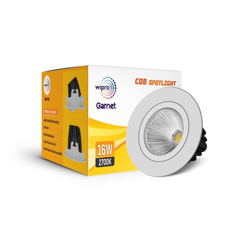 Wipro Garnet 16W LED COB Spotlight | Warm White Light (2700K) | Adjustable Design | Aluminium Housing for Efficient Performance | Recessed Tiltable Down Light for False Ceiling | Pack of 1 - Image 5