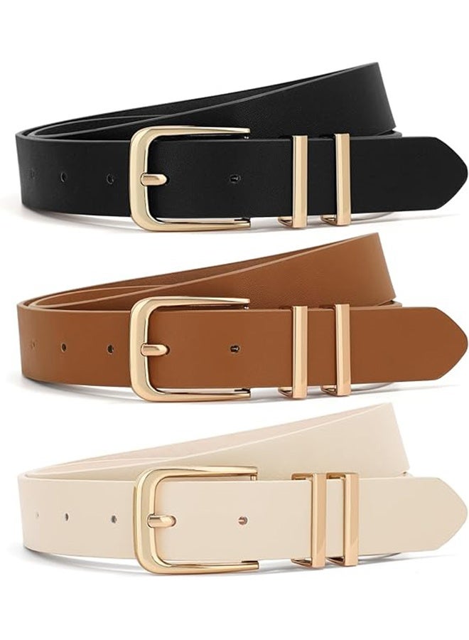 مجموعة من 3 أحزمة نسائية للجينز والفساتين والسراويل، حزام خصر جلدي للسيدات مع مشبك ذهبي - Image 1