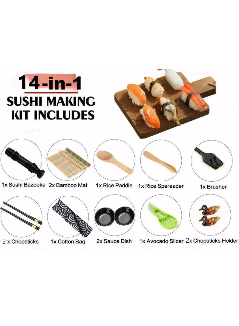 مجموعة صنع السوشي، مجموعة قاذف السوشي مع طقم درام، مجموعة سوشي للمبتدئين، تشمل حصيرة سوشي من الخيزران، قاذف سوشي، ملعقات أرز، ماكينة توزيع الأرز، عصي الأكل، طبق غمس، أداة تقطيع الأفوكادو، وفرشاة. - Image 2