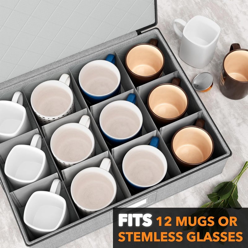 SpaceAid Cup and Mug Storage Organizer 2 Pack China Storage Containers Hard Shell Quilted Cases with Soft Plate Separators Moving Supplies Packing Boxes for 24 Tea Cups or Coffee Mugs Grey - Image 2
