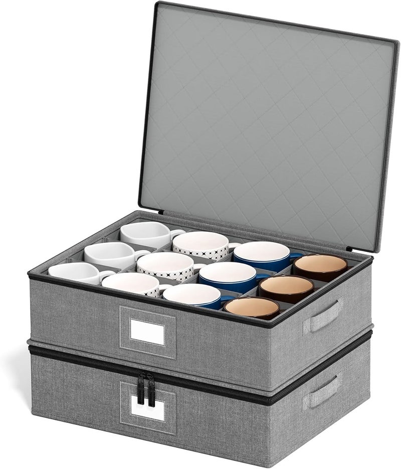 SpaceAid Cup and Mug Storage Organizer 2 Pack China Storage Containers Hard Shell Quilted Cases with Soft Plate Separators Moving Supplies Packing Boxes for 24 Tea Cups or Coffee Mugs Grey - Image 1